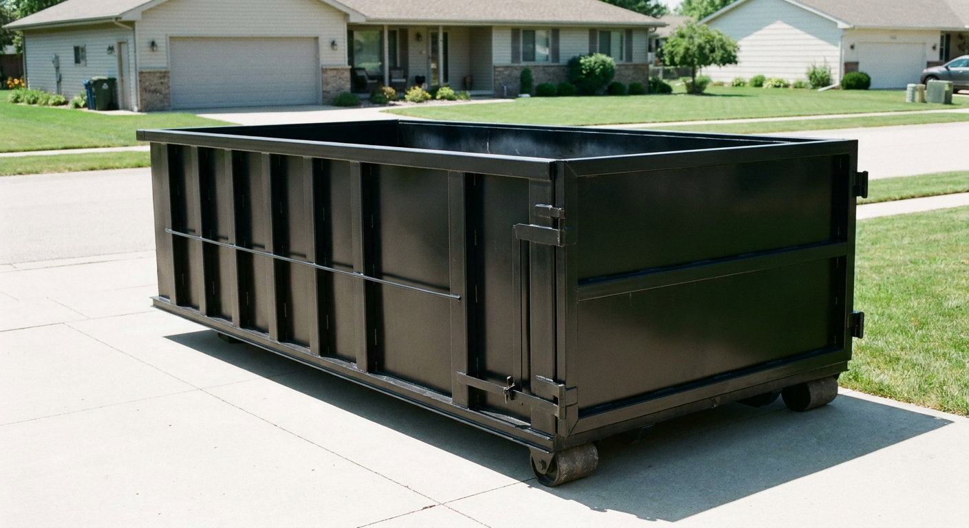Matte-black 10-yard roll-off dumpster on a residential concrete driveway in Brandywine, uniformly painted matte black across every panel and rail, ribbed steel sidewalls and rear swing door visible, mid-day daylight.