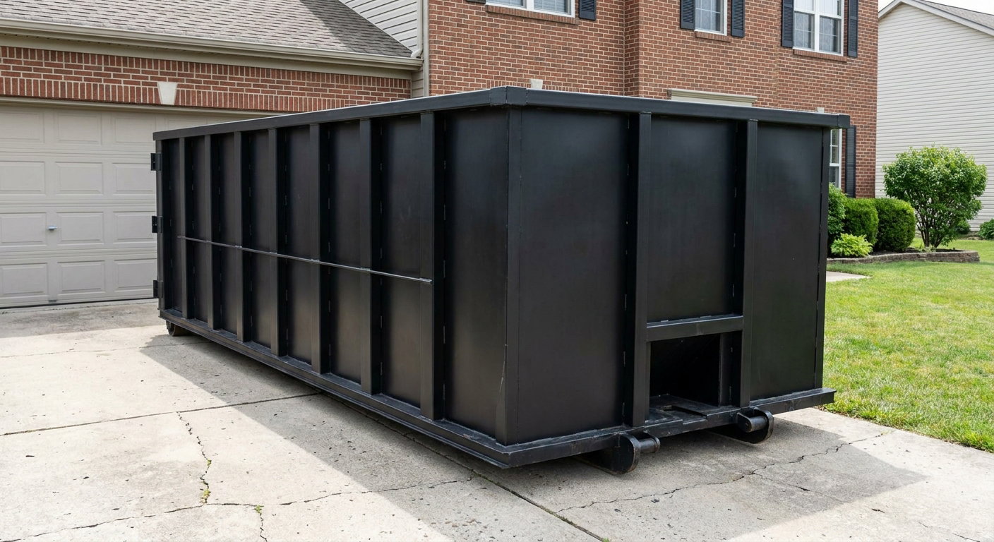 Matte-black 20-yard roll-off container on a Brandywine residential concrete driveway with reinforced ribbed steel sidewalls and a hinged rear walk-in door, clean bright daylight.