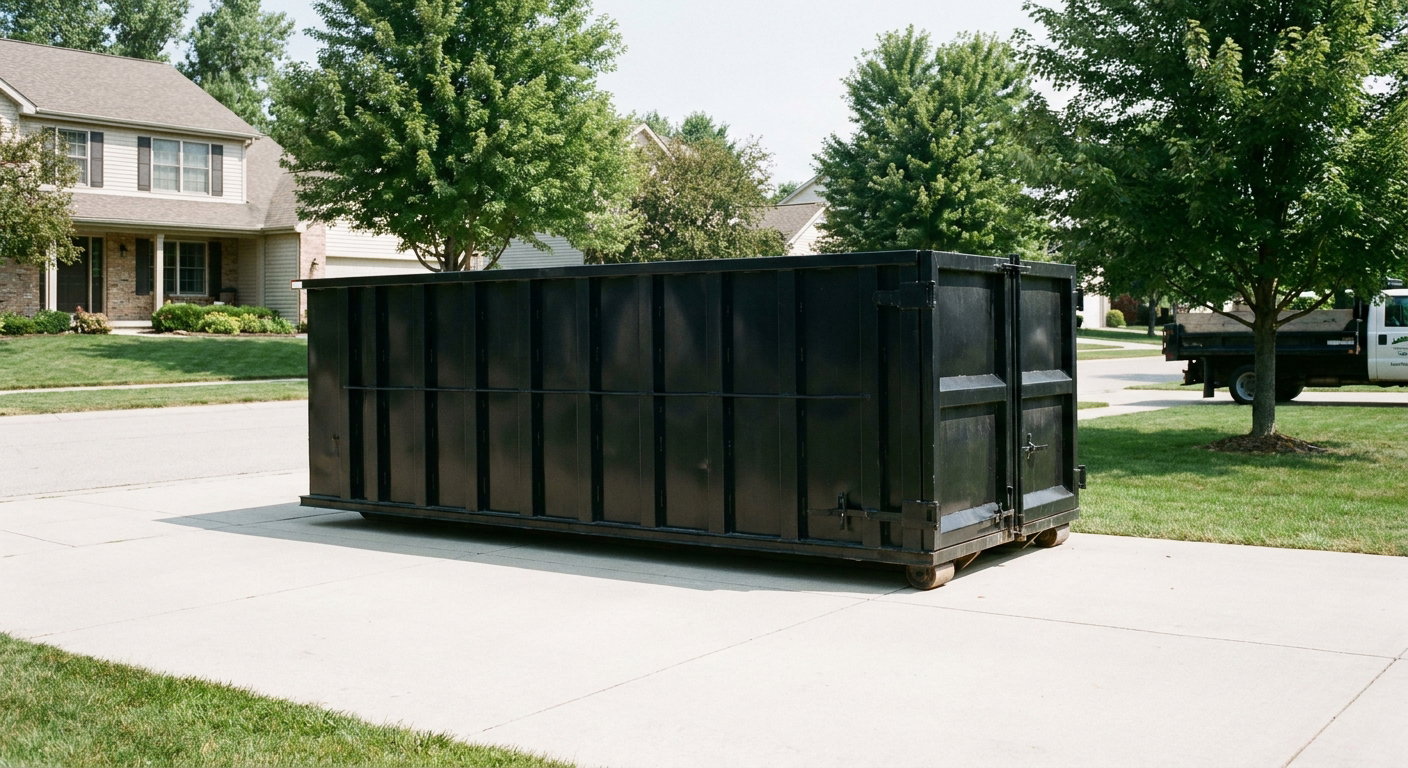 Matte-black 20-yard roll-off dumpster sitting level on a clean Brandywine residential concrete driveway under bright daylight, demonstrating clean placement directly on the concrete.