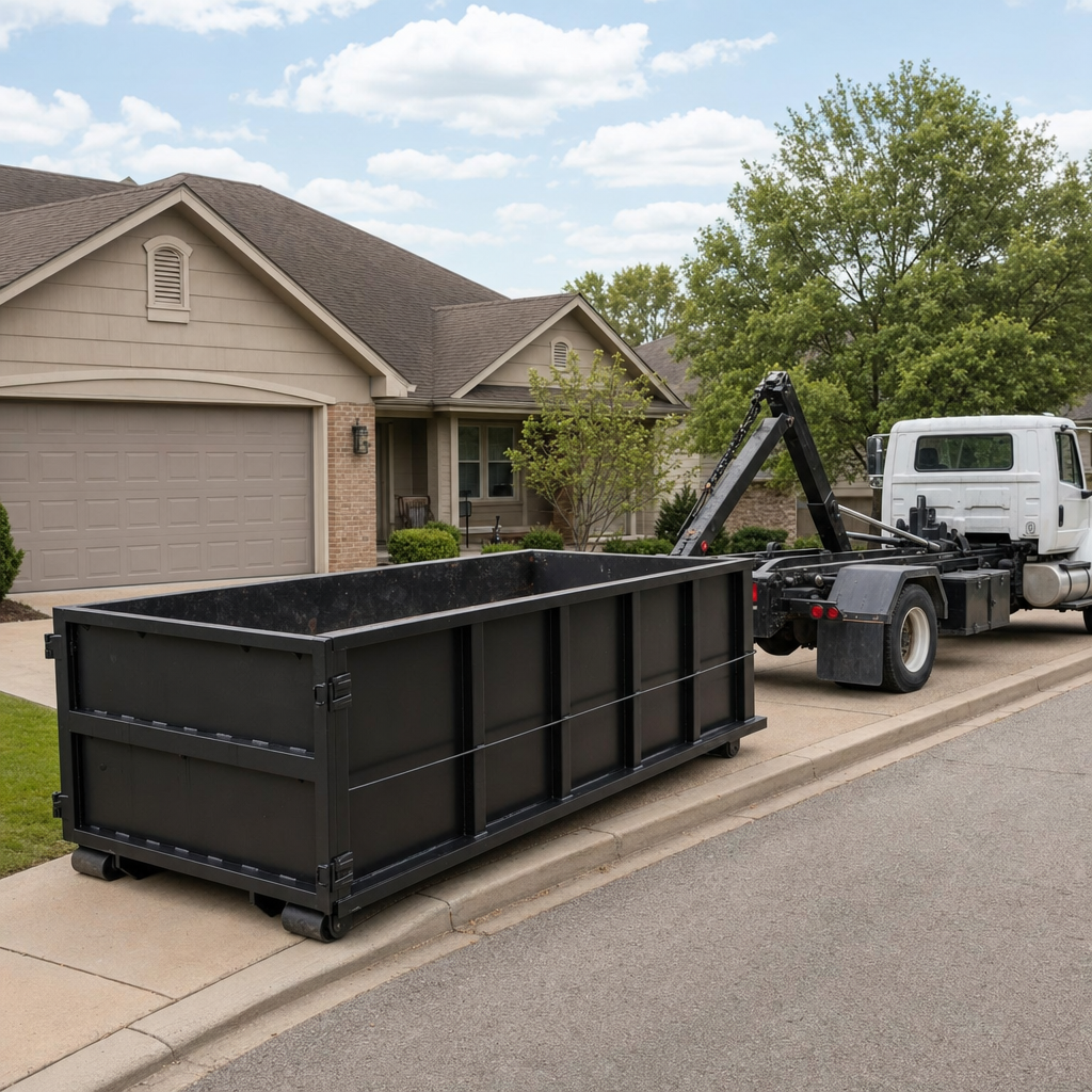 Wide documentary shot of a matte-black roll-off dumpster on a Brandywine residential driveway in the foreground and a contractor jobsite container in the soft-focus background, bright daylight, calm and orderly composition.