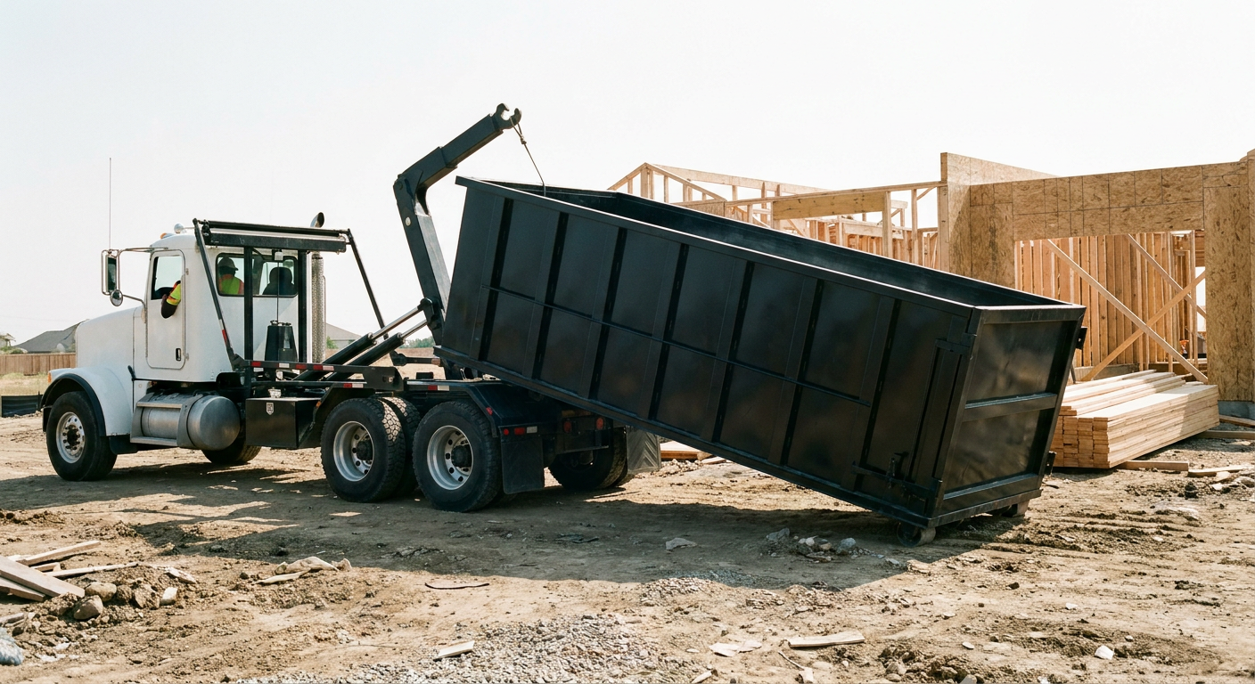Matte-black roll-off dumpster being delivered onto a clean residential concrete driveway in Brandywine by an unmarked white hooklift hauler truck, bright morning daylight, documentary 35mm perspective.